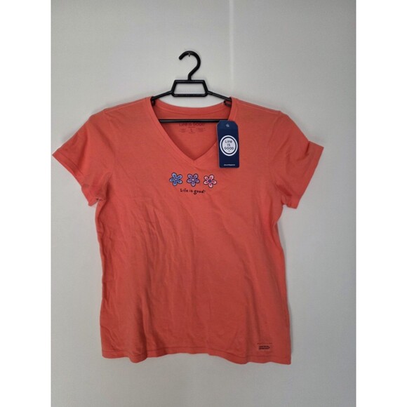 Women's Life is Good Flowers Coral Pink Orange V-Neck Short Sleeve Crusher Tee L - Picture 3 of 5